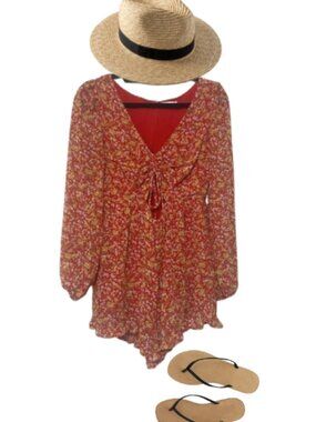 Lush LIKE NEW red ditzy floral long sleeve front cut out ruffle bottom romper M